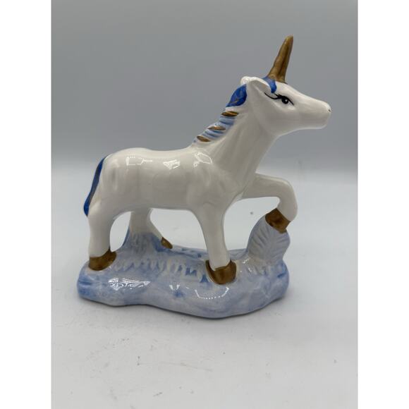 Vintage Ceramic Unicorn Figurine 5.5” Blue Mane Tail Gold Accents Glossy - Picture 3 of 7